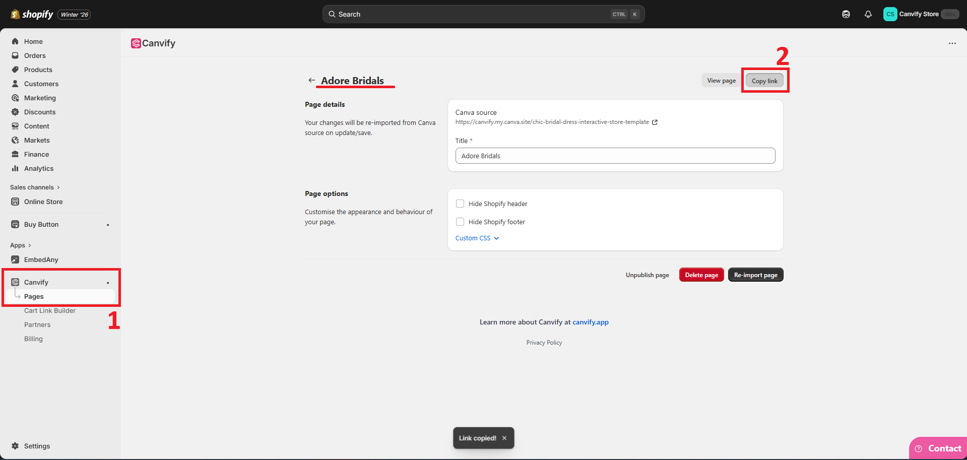Copy Canvify page link